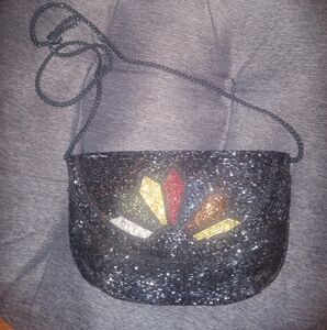 Black beaded and multi colored design shoulder bag or clutch
